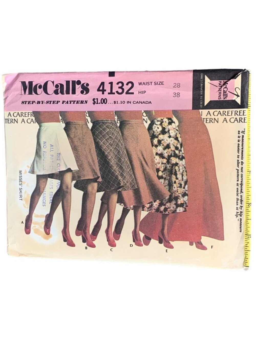 McCalls 4132 Misses Skirt Sewing Pattern Size Waist 28 Vintage 1974 Uncut